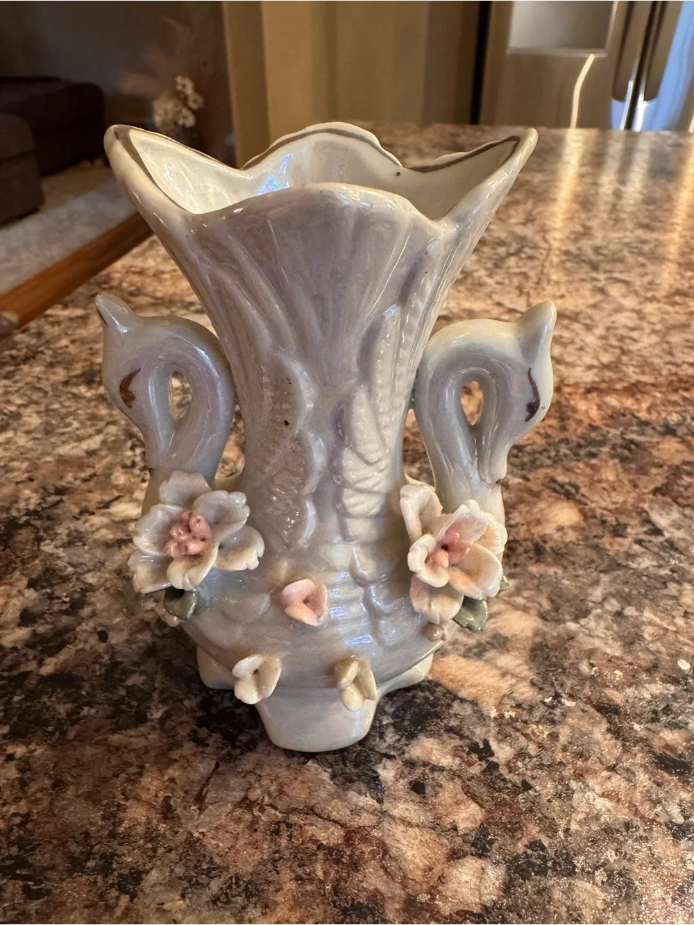 vintage lusterware ceramic swan vase featuring iridescent finishes
